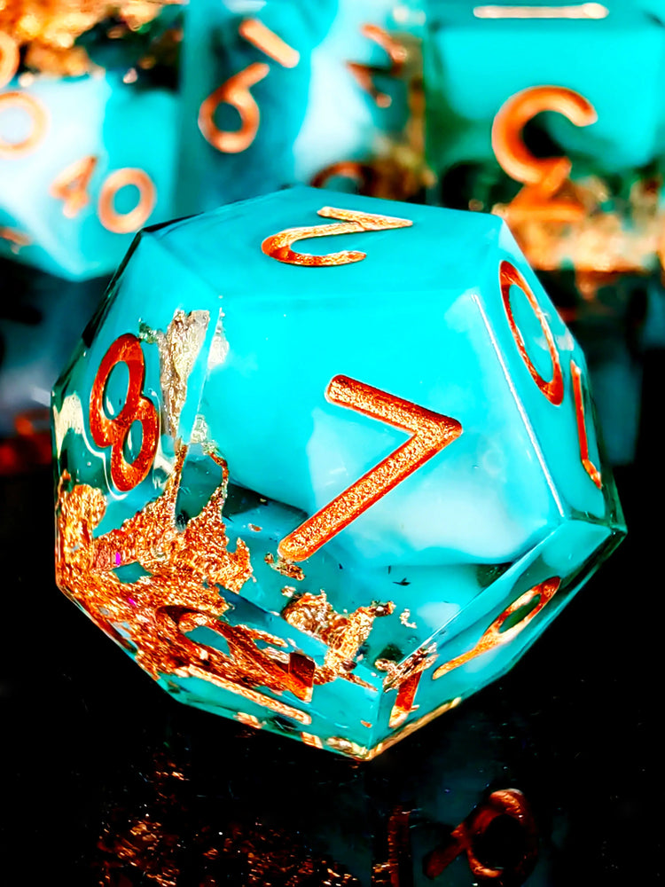 7-Piece Sharp Edge Resin Dice Set – Green Transparent Base with Copper Numbers for D&D & Tabletop RPGs Gamers Guild