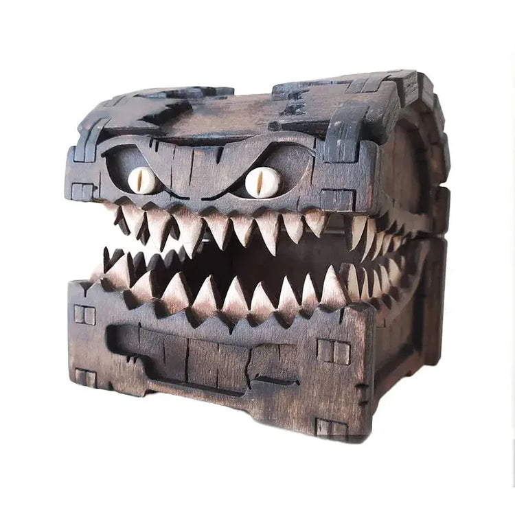 Mimic Dice Chest for Dungeons & Dragons — Etched Pine, Collapsible Tower Tray, Portable Fantasy Monster Storage Gamers Guild