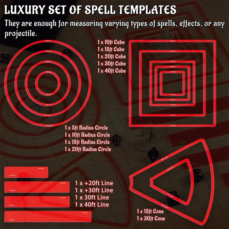 Area of Effect Spell Templates – 15-Piece Acrylic Set for D&D, Pathfinder & TTRPGs  Includes Cube, Cone, Circle & Line Markers Gamers Guild
