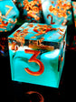 7-Piece Sharp Edge Resin Dice Set – Green Transparent Base with Copper Numbers for D&D & Tabletop RPGs Gamers Guild
