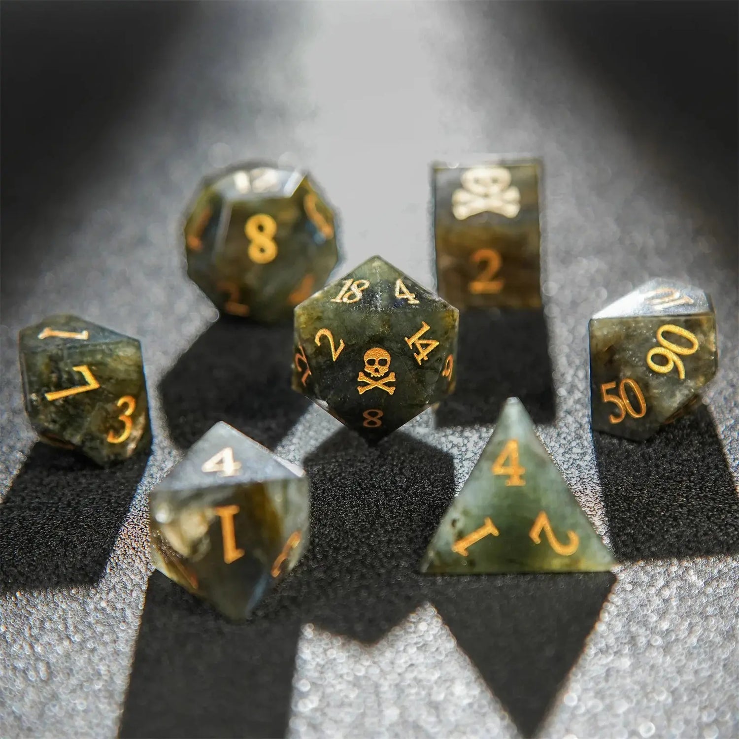 Labradorite Skull Dice Set – 7pc Gemstone Polyhedral Dice with Gold Script for DND & RPG Campaigns Gamers Guild