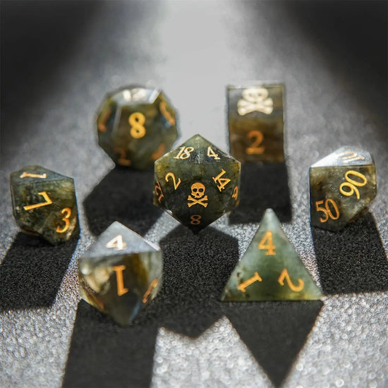 Labradorite Skull Dice Set – 7pc Gemstone Polyhedral Dice with Gold Script for DND & RPG Campaigns Gamers Guild