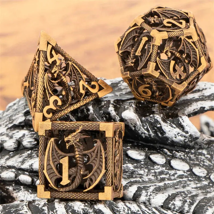 7-Piece Hollow Dragon Metal Dice Set – Intricately Carved Polyhedral Dice for Dungeons & Dragons, Pathfinder & RPG Tabletop Games Gamers Guild