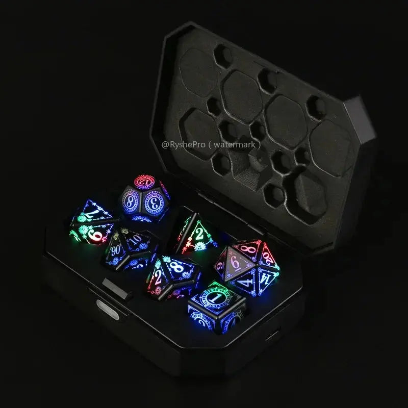 7-Piece Luminous DND Dice Set – Rechargeable Light-Up Polyhedral Dice with Charging Case for Dungeons & Dragons & RPG Games Gamers Guild