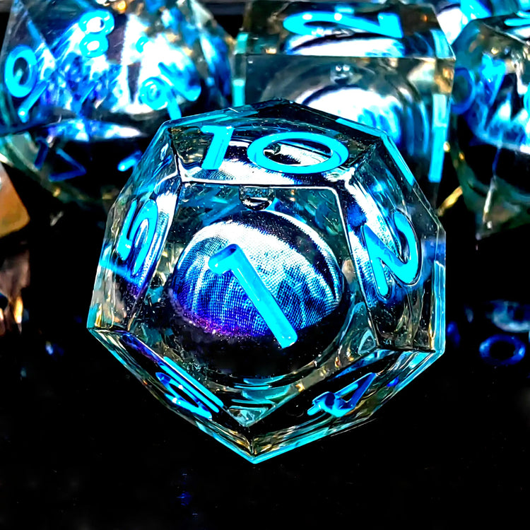 Spinning Dragon Eye Resin Dice Set – 7-Piece Transparent Polyhedral Dice with Blue Text for RPGs Gamers Guild