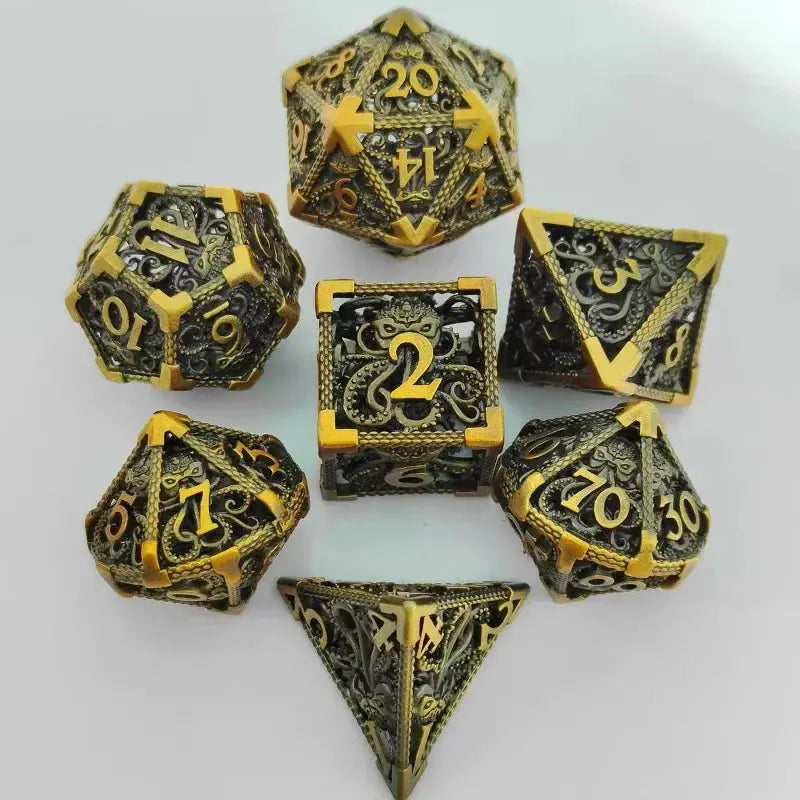 7 Pcs Hollow Metal Dice Set for DND RPG Dragon-Engraved Polyhedral Dice Tabletop Gaming Accessories for Dungeon Master Collector Gamers Guild