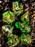 7-Piece Sharp Edge Resin Dice Set – Green Transparent Ring Core with Silver Numbers for RPGs Gamers Guild