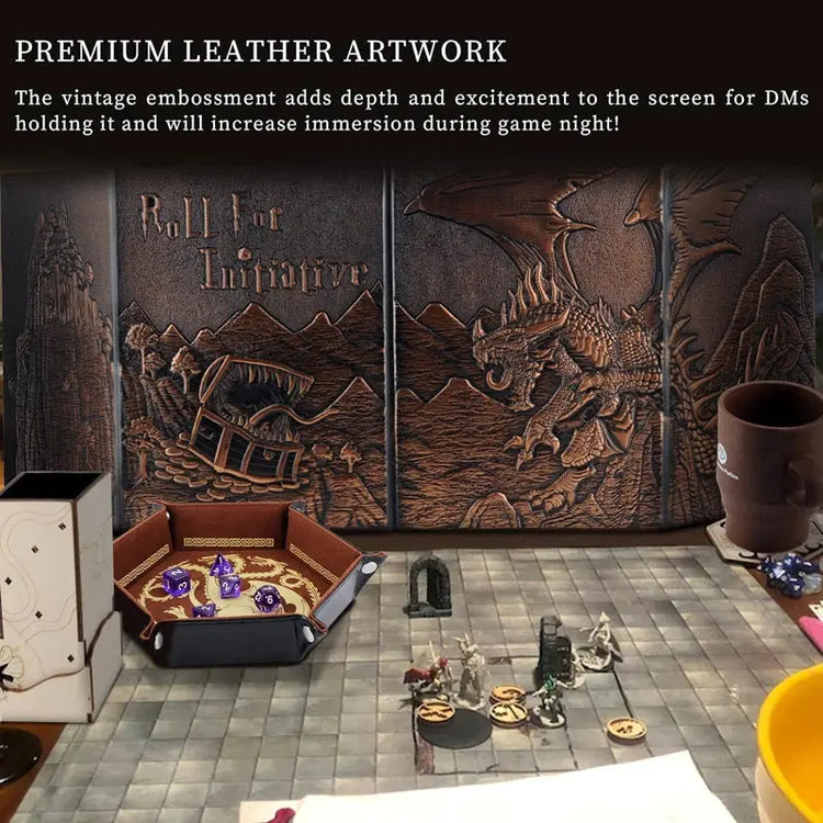Faux Leather Embossed Dragon & Mimic DM Screen – 4-Panel Dungeon Master Screen with Pockets for Dungeons & Dragons & TTRPGs Gamers Guild
