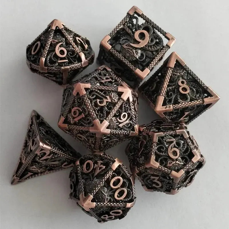 7 Pcs Hollow Metal Dice Set for DND RPG Dragon-Engraved Polyhedral Dice Tabletop Gaming Accessories for Dungeon Master Collector Gamers Guild