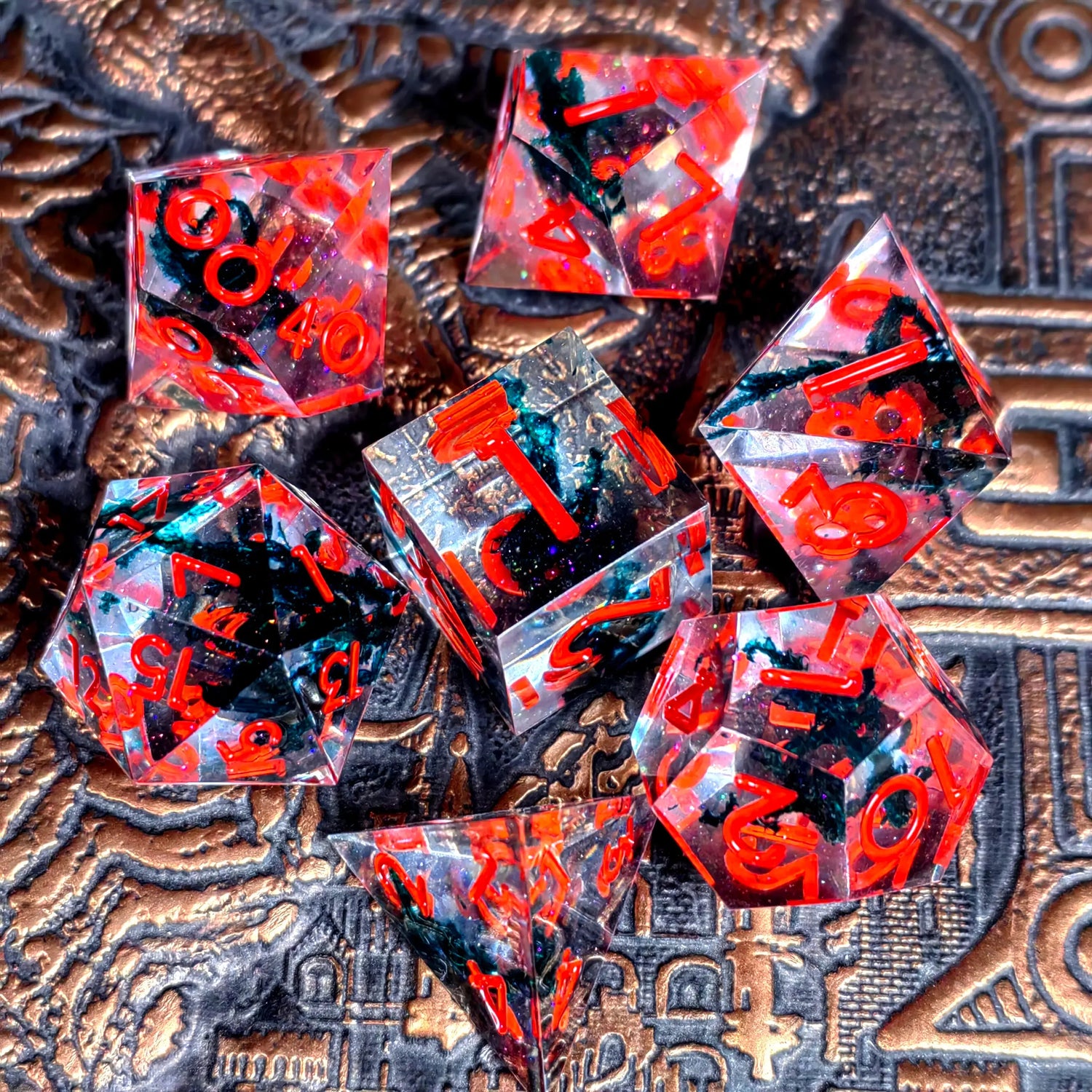 7-Piece Transparent Resin Dice Set – Sharp Edge Polyhedral Dice with Gold Numbers for RPGs Gamers Guild