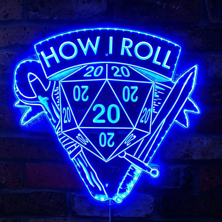 "How I Roll" DND Neon LED Sign – Edge-Lit Acrylic Gamer Light with Bluetooth Control  Game Room Decor for RPG Fans Gamers Guild