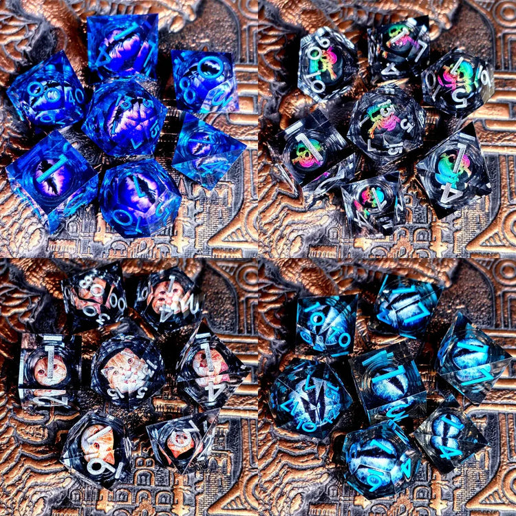 Spinning Dragon Eye Resin Dice Set – 7-Piece Transparent Polyhedral Dice with Blue Text for RPGs Gamers Guild