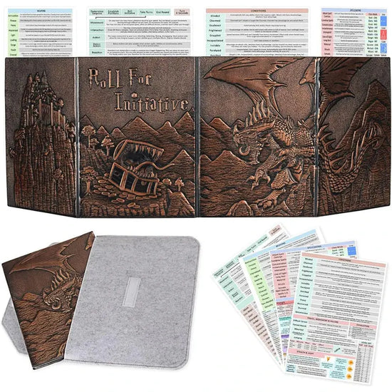 Faux Leather Embossed Dragon & Mimic DM Screen – 4-Panel Dungeon Master Screen with Pockets for Dungeons & Dragons & TTRPGs Gamers Guild