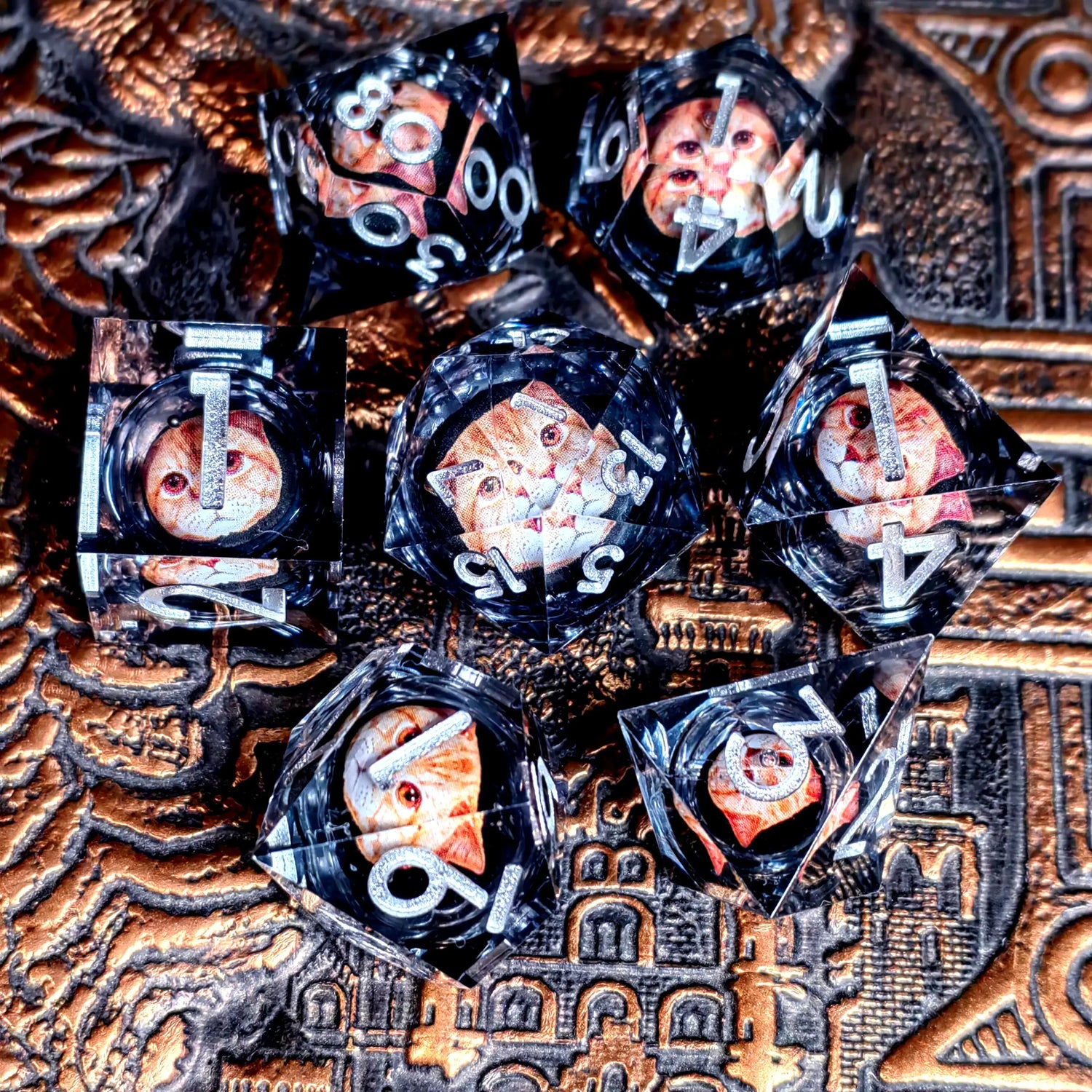 Spinning Dragon Eye Resin Dice Set – 7-Piece Transparent Polyhedral Dice with Blue Text for RPGs Gamers Guild