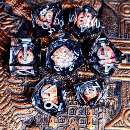 Spinning Dragon Eye Resin Dice Set – 7-Piece Transparent Polyhedral Dice with Blue Text for RPGs Gamers Guild