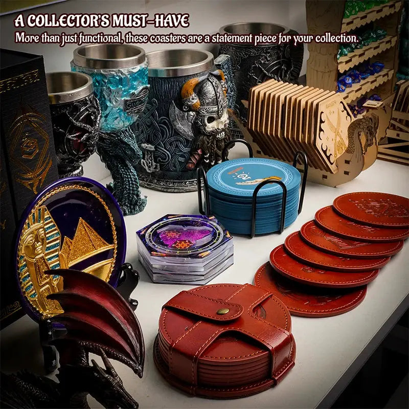DND Faux Leather Coaster Set – 6 Embossed RPG Drink Mats with Holder Featuring Dragon, Beholder, Mimic & More Gamers Guild
