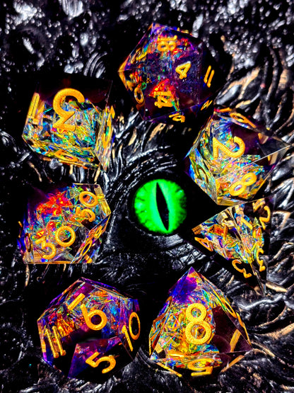 7-Piece Sharp Edge Resin Dice Set – Green Transparent Base with Copper Numbers for D&D & Tabletop RPGs Gamers Guild