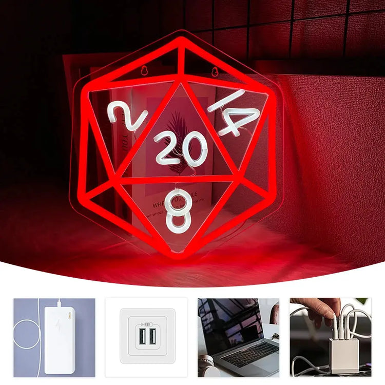 Dice LED Neon Sign — Dungeons & Dragons Game Wall Light | USB-Powered Acrylic Décor for Roleplay Rooms & Gamer Caves Gamers Guild