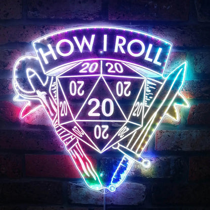 "How I Roll" DND Neon LED Sign – Edge-Lit Acrylic Gamer Light with Bluetooth Control  Game Room Decor for RPG Fans Gamers Guild