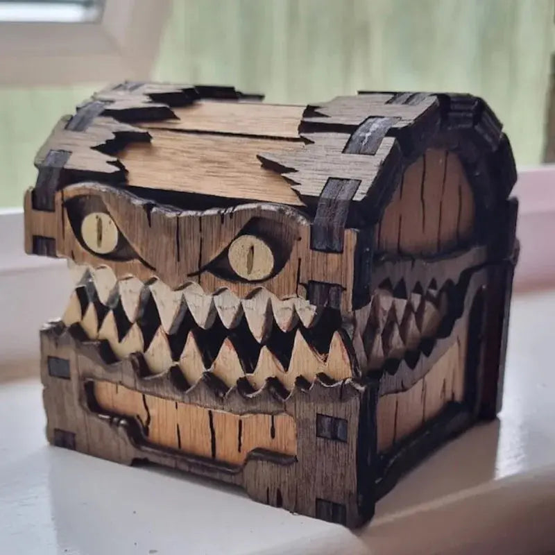 Mimic Dice Chest for Dungeons & Dragons — Etched Pine, Collapsible Tower Tray, Portable Fantasy Monster Storage Gamers Guild
