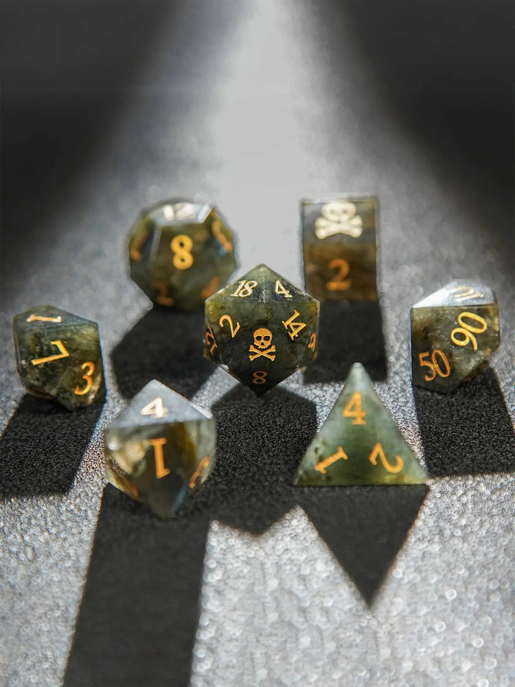 Labradorite Skull Dice Set – 7pc Gemstone Polyhedral Dice with Gold Script for DND & RPG Campaigns Gamers Guild