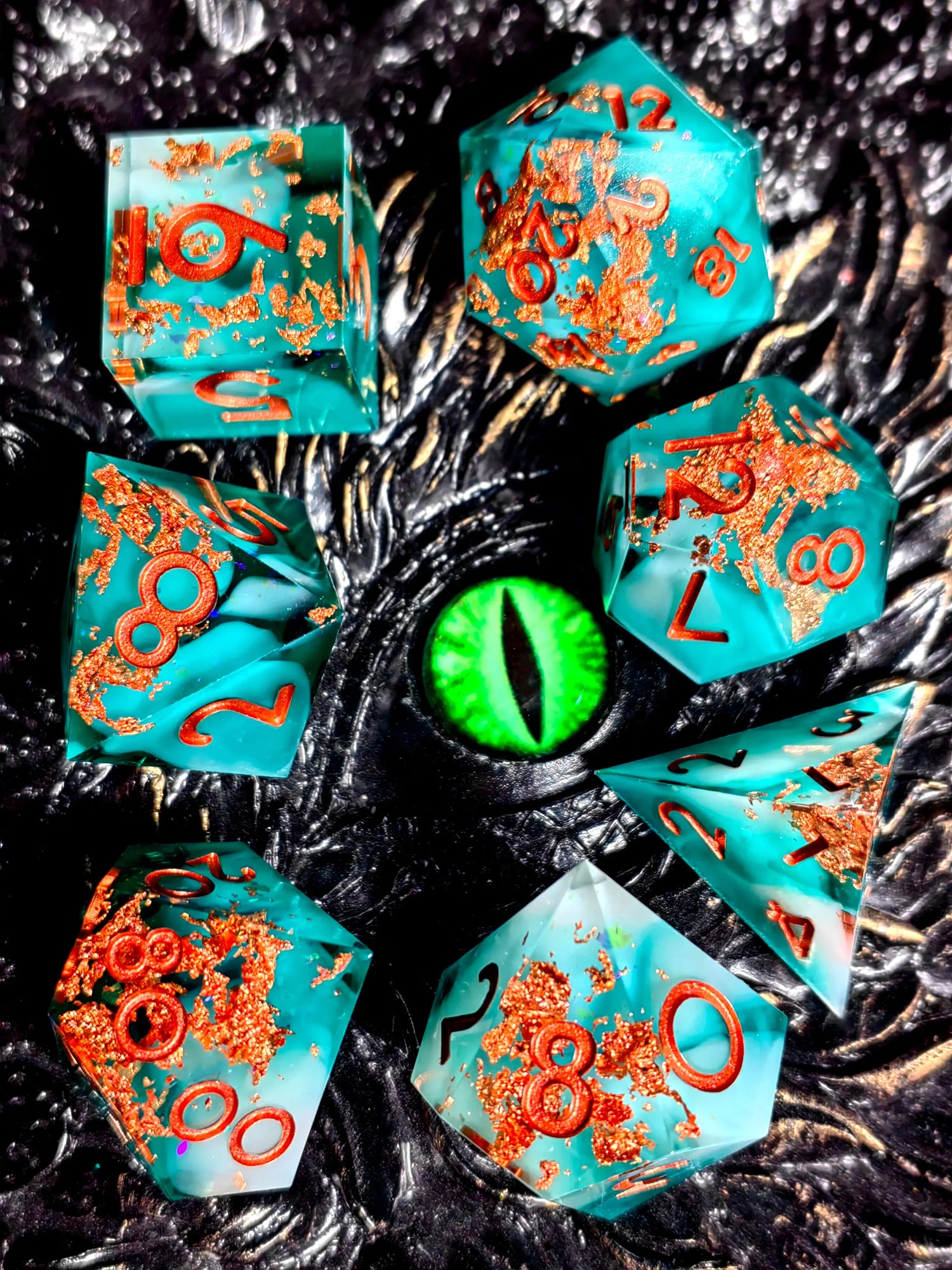 7-Piece Sharp Edge Resin Dice Set – Green Transparent Base with Copper Numbers for D&D & Tabletop RPGs Gamers Guild