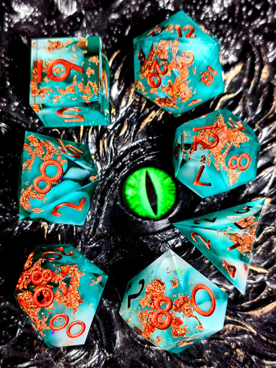 7-Piece Sharp Edge Resin Dice Set – Green Transparent Base with Copper Numbers for D&D & Tabletop RPGs Gamers Guild