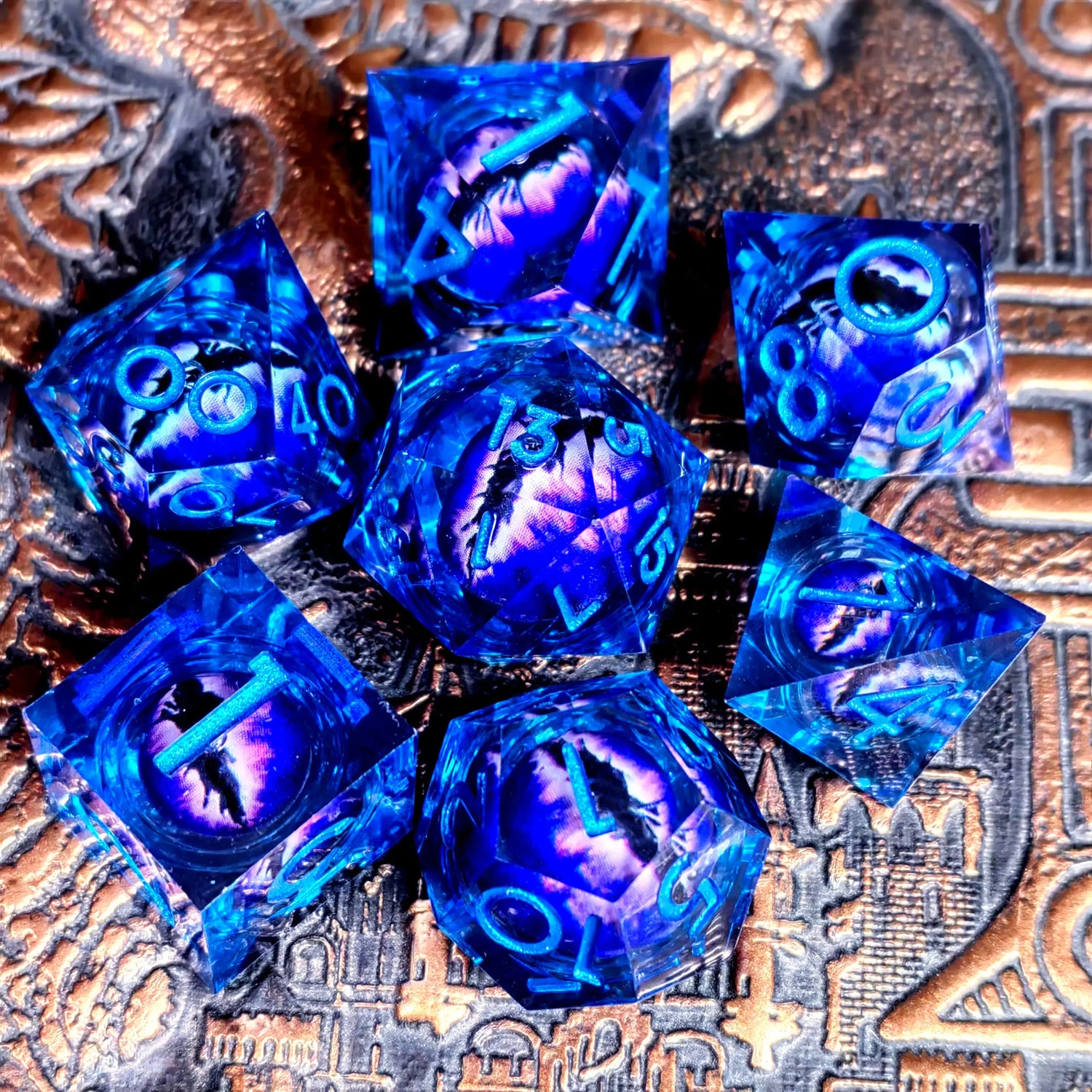 Spinning Dragon Eye Resin Dice Set – 7-Piece Transparent Polyhedral Dice with Blue Text for RPGs Gamers Guild