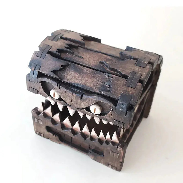 Mimic Dice Chest for Dungeons & Dragons — Etched Pine, Collapsible Tower Tray, Portable Fantasy Monster Storage Gamers Guild