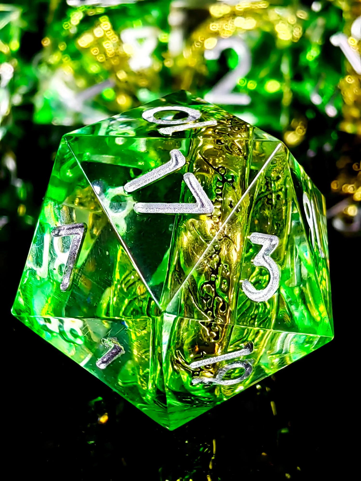 7-Piece Sharp Edge Resin Dice Set – Green Transparent Ring Core with Silver Numbers for RPGs Gamers Guild