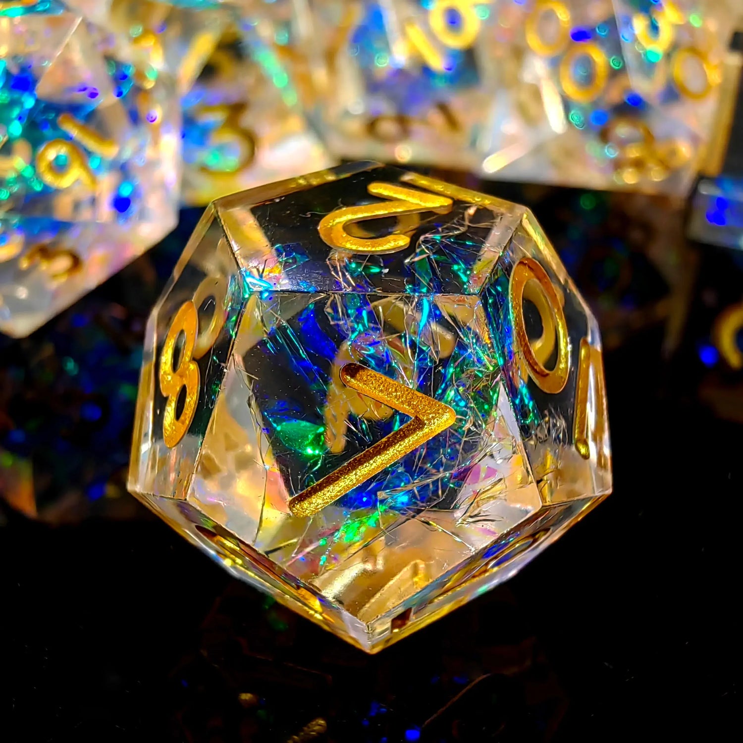 7-Piece Transparent Resin Dice Set – Sharp Edge Polyhedral Dice with Gold Numbers for RPGs Gamers Guild