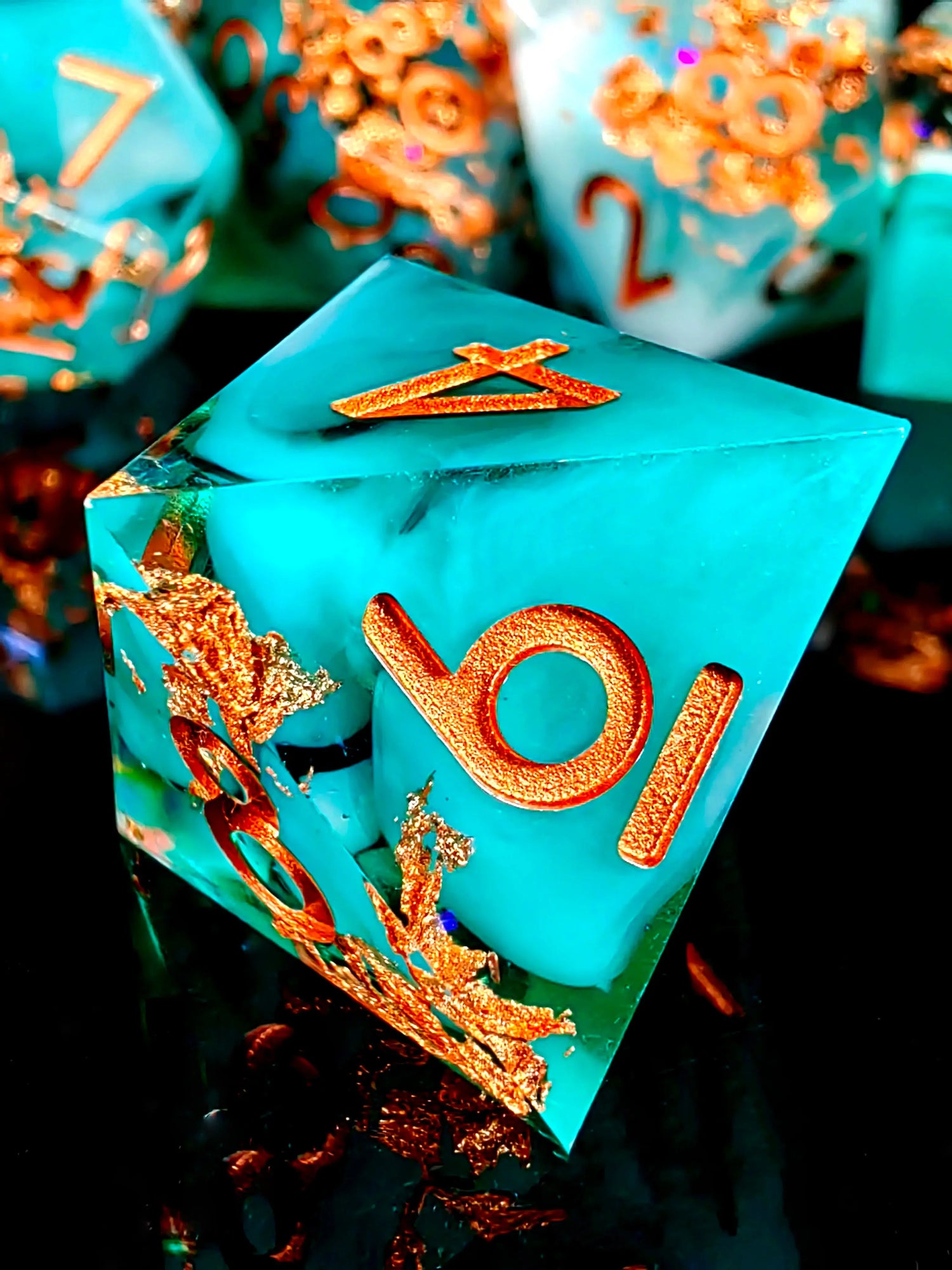 7-Piece Sharp Edge Resin Dice Set – Green Transparent Base with Copper Numbers for D&D & Tabletop RPGs Gamers Guild