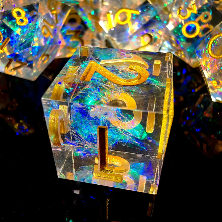 7-Piece Transparent Resin Dice Set – Sharp Edge Polyhedral Dice with Gold Numbers for RPGs Gamers Guild