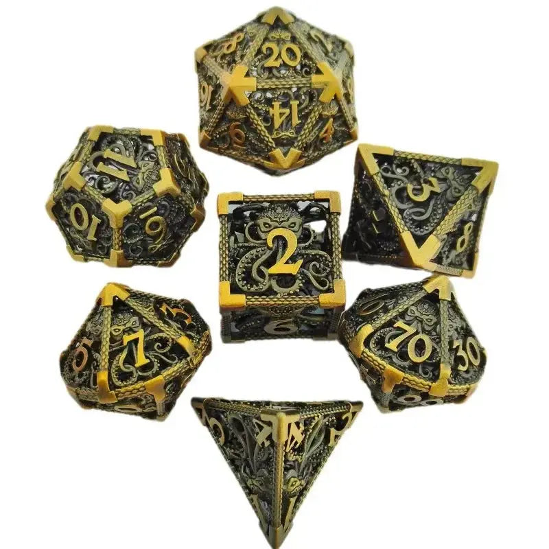 7 Pcs Hollow Metal Dice Set for DND RPG Dragon-Engraved Polyhedral Dice Tabletop Gaming Accessories for Dungeon Master Collector Gamers Guild