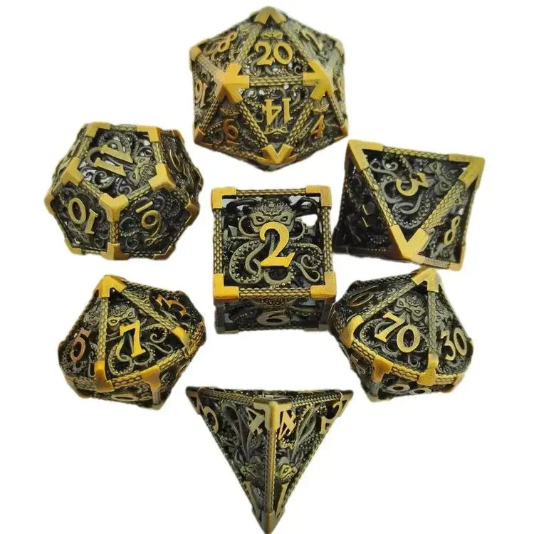 7 Pcs Hollow Metal Dice Set for DND RPG Dragon-Engraved Polyhedral Dice Tabletop Gaming Accessories for Dungeon Master Collector Gamers Guild