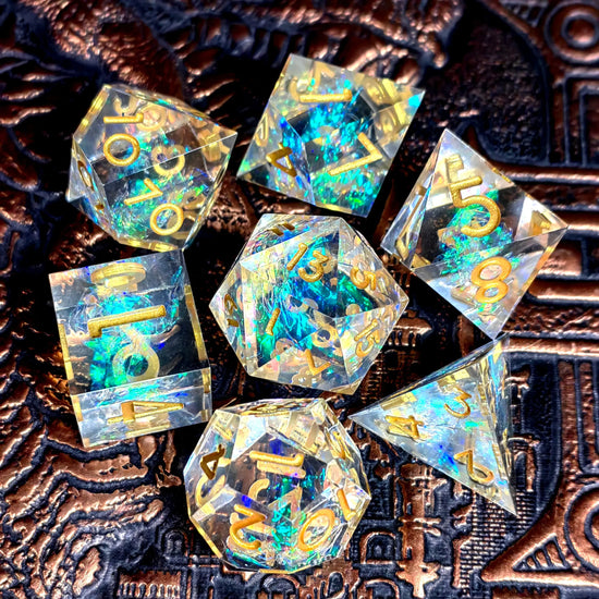 7-Piece Transparent Resin Dice Set – Sharp Edge Polyhedral Dice with Gold Numbers for RPGs Gamers Guild