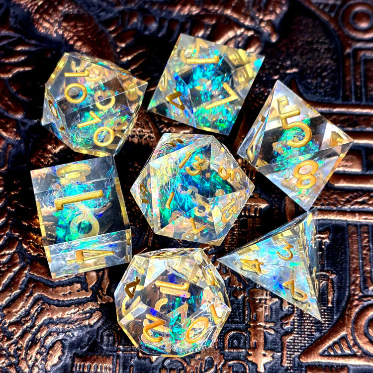 7-Piece Transparent Resin Dice Set – Sharp Edge Polyhedral Dice with Gold Numbers for RPGs Gamers Guild