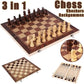 3 in 1 Foldable Travel chess set featuring chess, checkers, and backgammon on a wooden board.