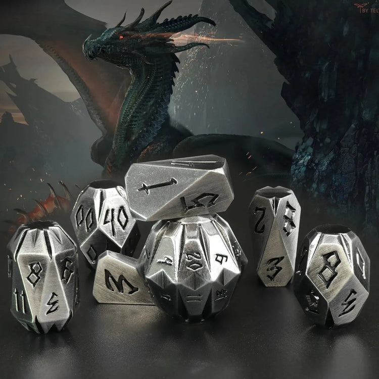 7-Piece ZHOORQI Stonehenge Metal Dice Set – Weathered Polyhedral RPG Dice for D&D, Pathfinder & Tabletop Games Gamers Guild