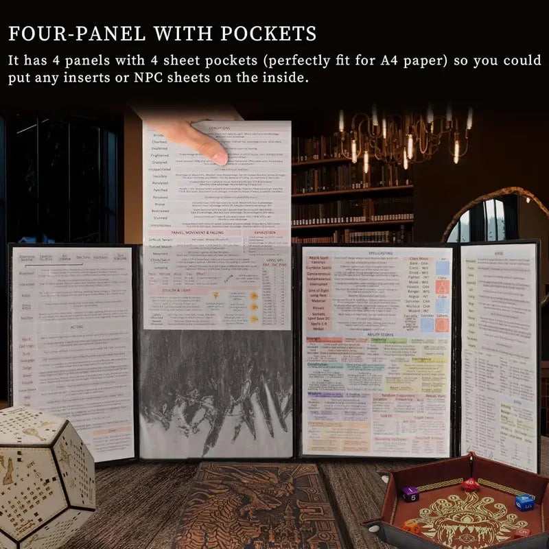 Faux Leather Embossed Dragon & Mimic DM Screen – 4-Panel Dungeon Master Screen with Pockets for Dungeons & Dragons & TTRPGs Gamers Guild