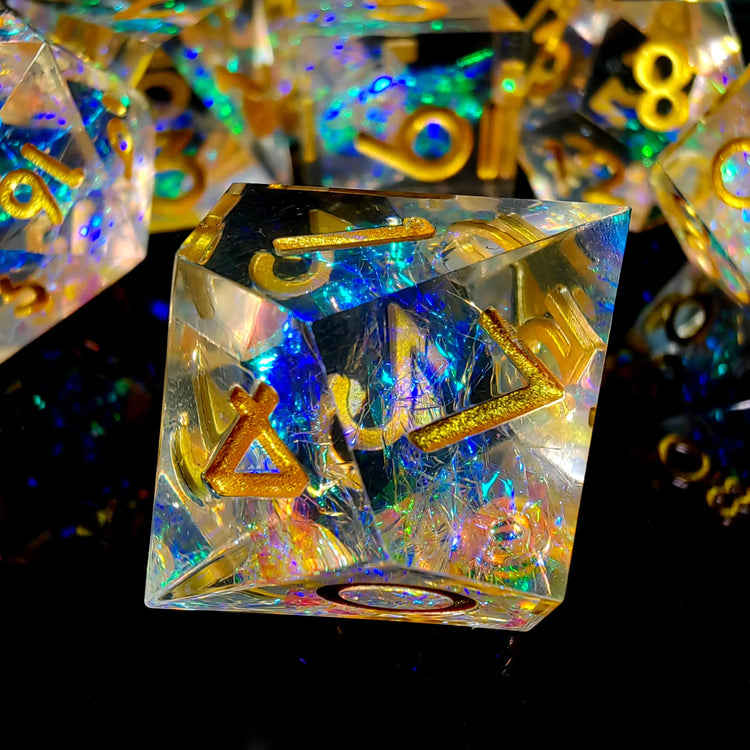 7-Piece Transparent Resin Dice Set – Sharp Edge Polyhedral Dice with Gold Numbers for RPGs Gamers Guild