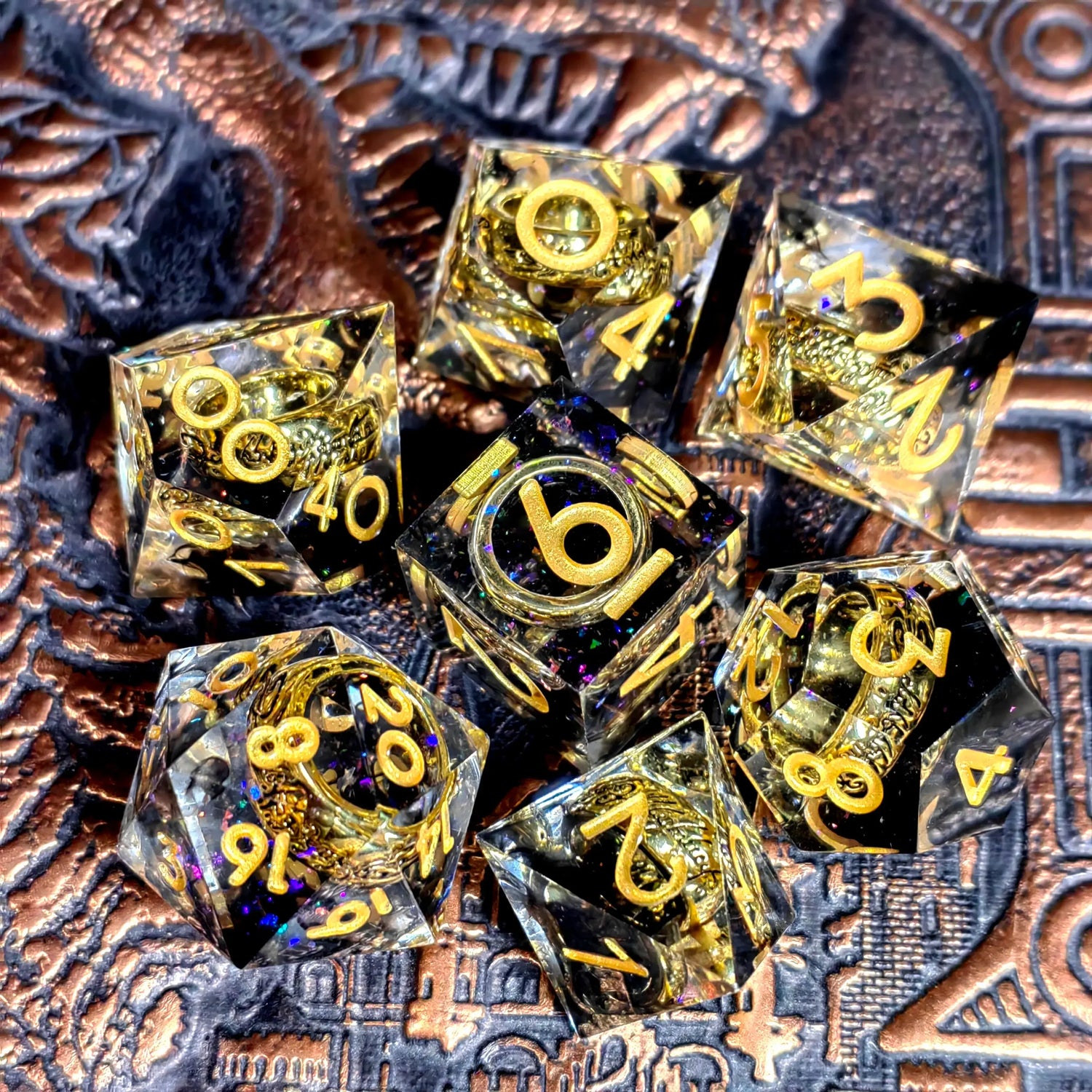 7-Piece Transparent Resin Dice Set – Sharp Edge Polyhedral Dice with Gold Numbers for RPGs Gamers Guild