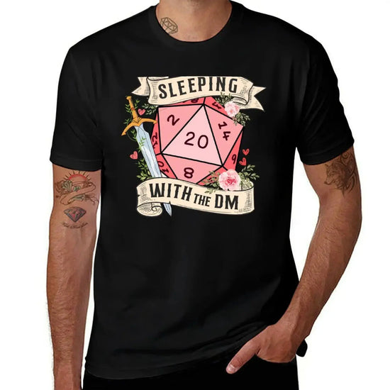 SLEEPING WITH THE DM T-Shirt – Funny DnD Girlfriend/Wife Gift | Floral d20 Dice & Sword Cotton Tee Gamers Guild