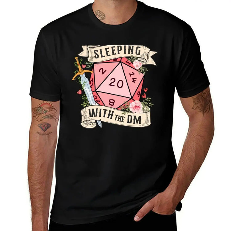 SLEEPING WITH THE DM T-Shirt – Funny DnD Girlfriend/Wife Gift | Floral d20 Dice & Sword Cotton Tee Gamers Guild