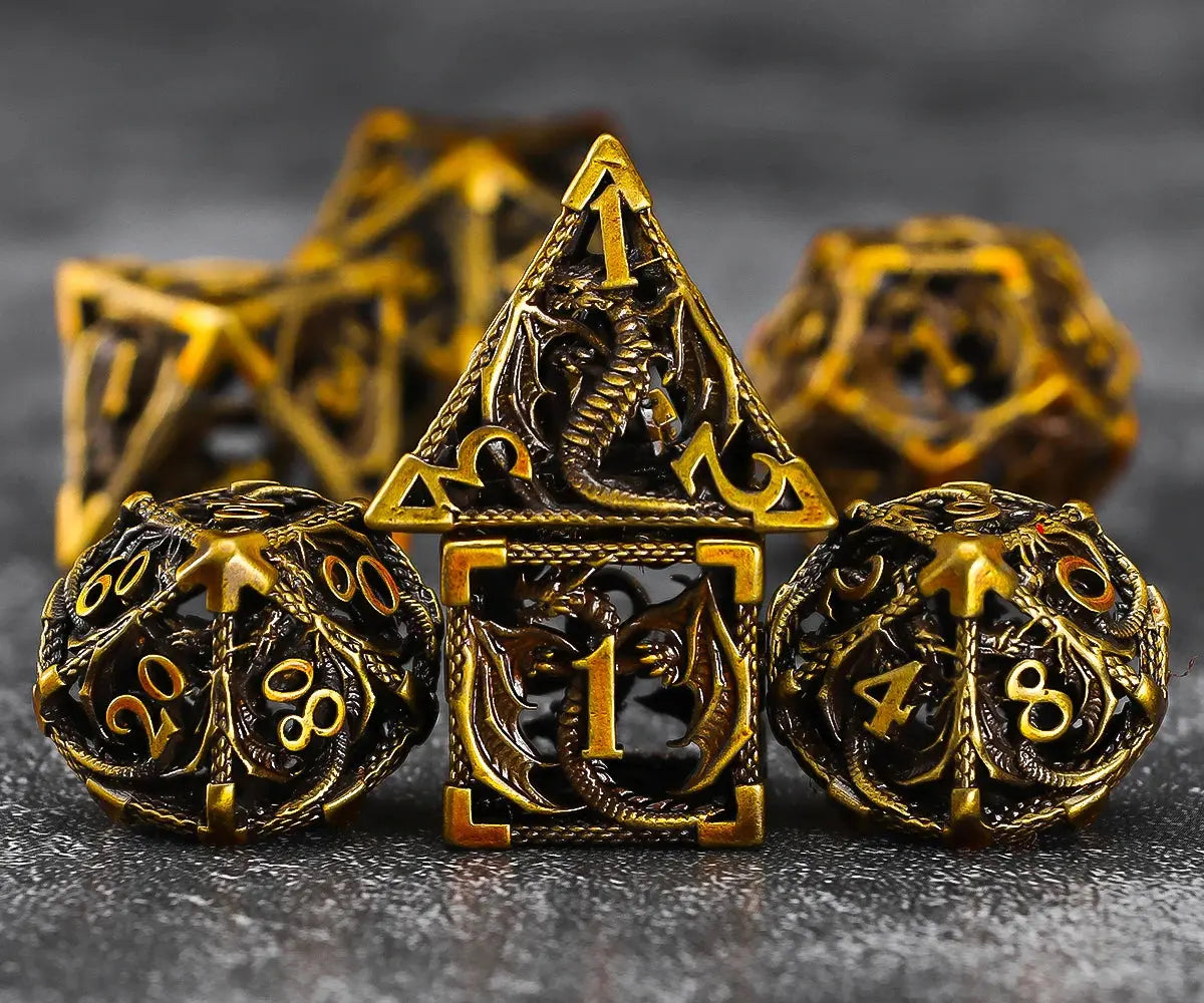 7-Piece Hollow Dragon Metal Dice Set – Intricately Carved Polyhedral Dice for D&D, Pathfinder & RPG Tabletop Games Gamers Guild