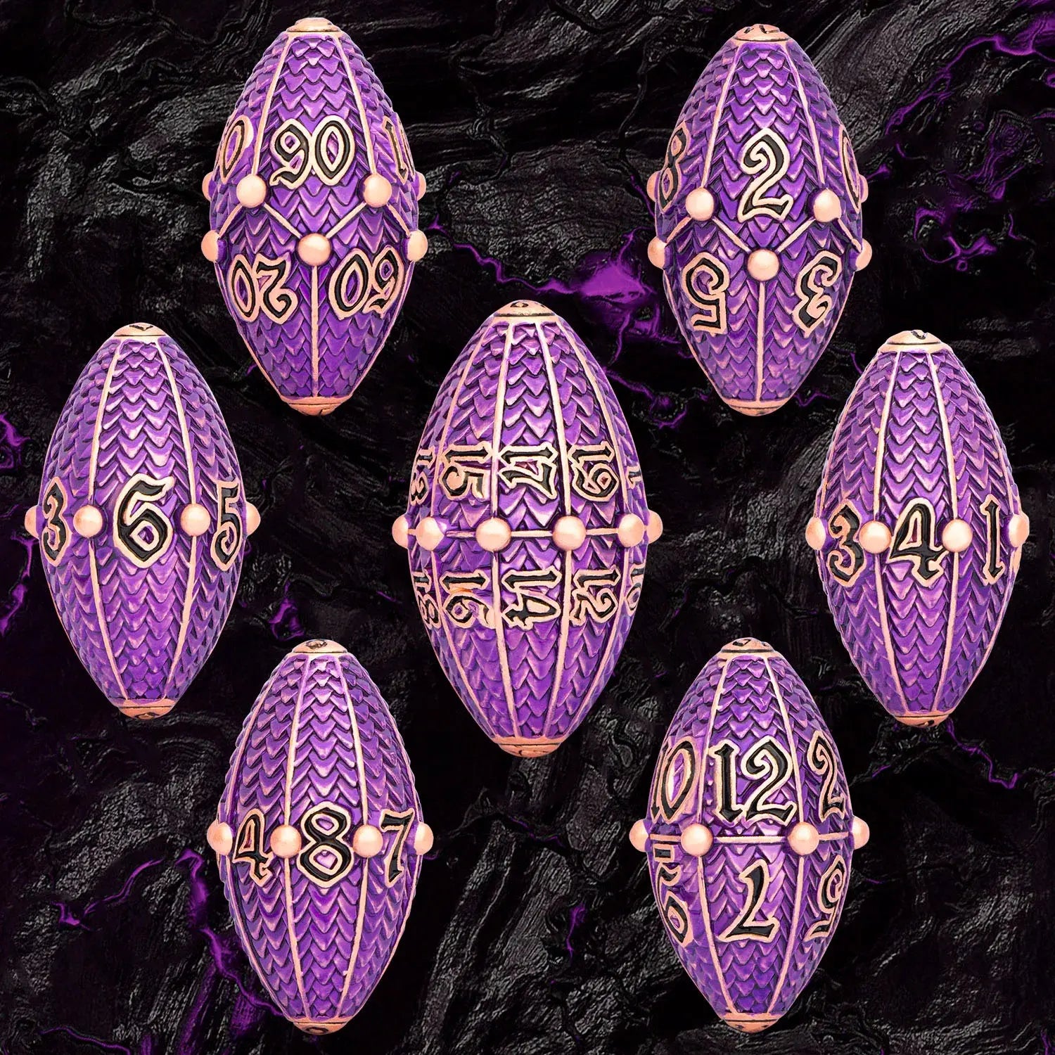 ARUOHHA Copper Purple Dragon Egg Dice Set – Metal Polyhedral Dice with Rotating Shell for D&D, Pathfinder & RPGs Gamers Guild