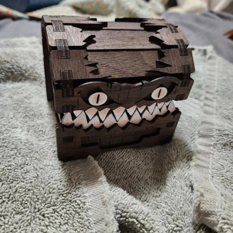 Mimic Dice Chest for Dungeons & Dragons — Etched Pine, Collapsible Tower Tray, Portable Fantasy Monster Storage Gamers Guild