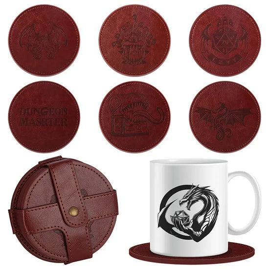DND Faux Leather Coaster Set – 6 Embossed RPG Drink Mats with Holder Featuring Dragon, Beholder, Mimic & More Gamers Guild