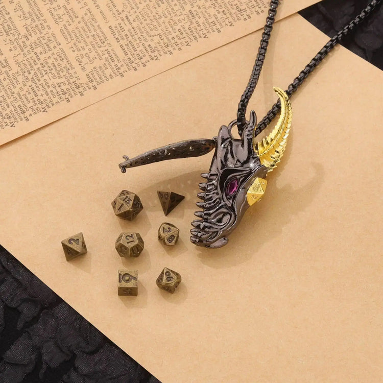 Dragon Head Necklace Set with Mini Dice Dragon – Fantasy Jewelry for D&D, MTG & RPG Gamers Gamers Guild