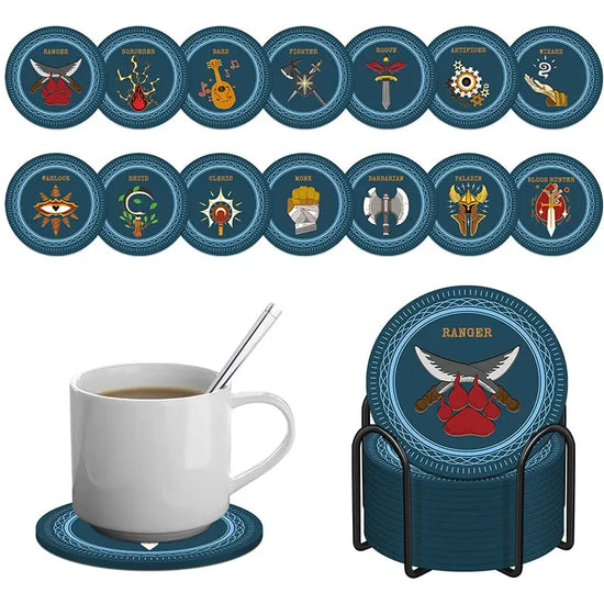 DND 5e Class Coaster Set – 14-Piece Silicone RPG Drink Mats with Holder, Non-Slip & Heat Resistant Gamers Guild